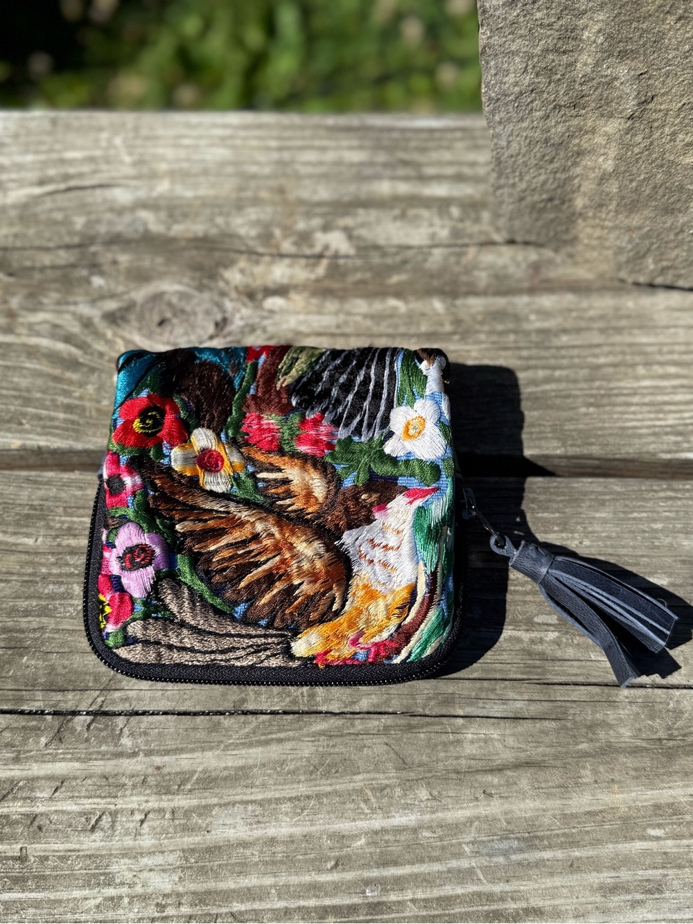 Colorful Embroidered Bird Zip Wallet with Tassel